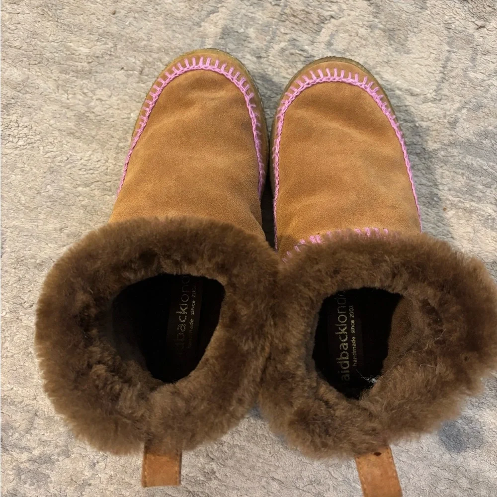 Brown Ankle Boots with Pink Stitching - Picture 4 of 5